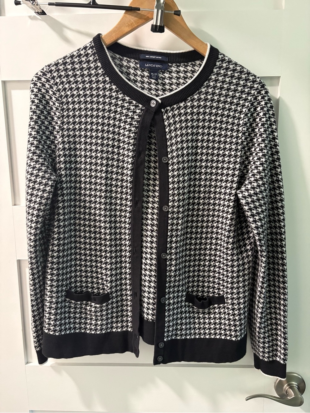 Lands’ End Black And White Houndstooth Cotton Cardigan Womens Medium Petite - Picture 2 of 3